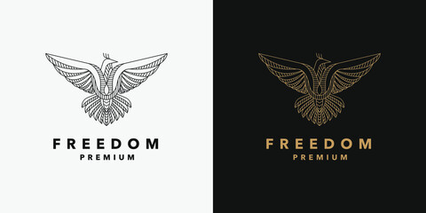 Fly bird freedom mono line logo icon design template Premium Vector 