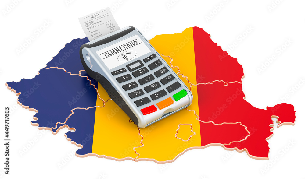 Poster romanian map with pos terminal. cashless payments in romania concept. 3d rendering