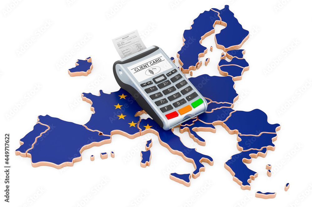 Poster the eu map with pos terminal. cashless payments in the european union concept. 3d rendering