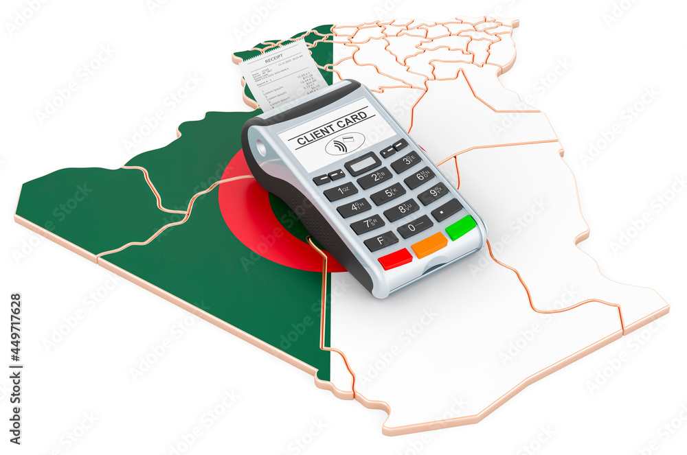 Poster algerian map with pos terminal. cashless payments in algeria concept. 3d rendering