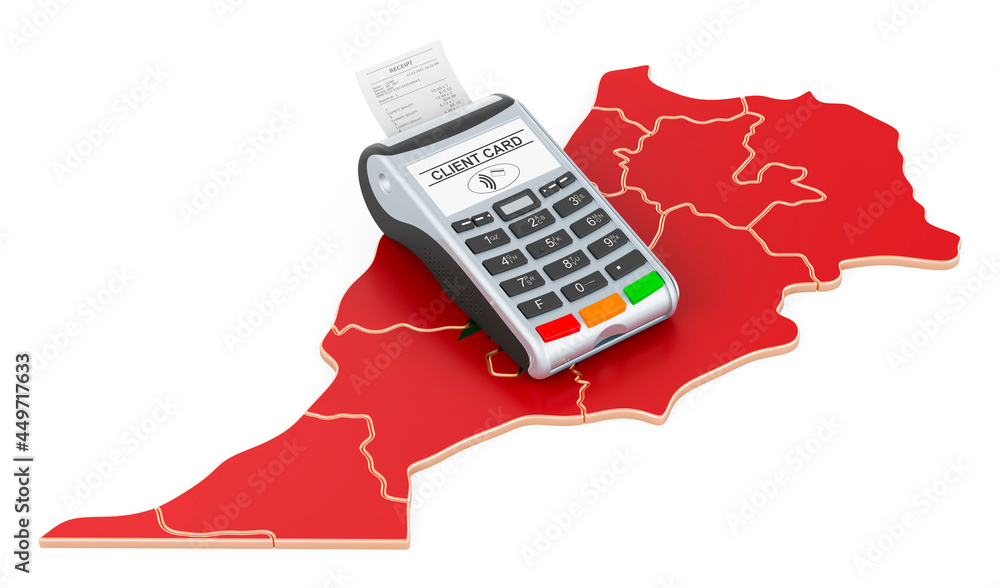 Poster moroccan map with pos terminal. cashless payments in morocco concept. 3d rendering