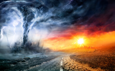 Tornado In Stormy Landscape - Climate Change And Natural Disaster Concept - obrazy, fototapety, plakaty