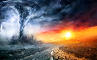 Fotobehang Tornado In Stormy Landscape - Climate Change And Natural Disaster Concept © Romolo Tavani