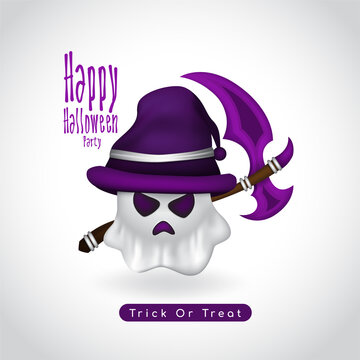 Happy halloween party. Cute cartoon little ghost wearing a hat  with scythe
