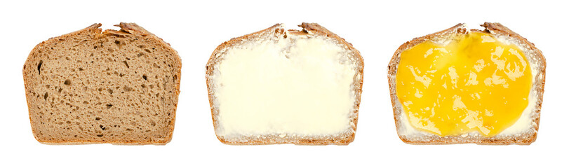 Dark rye bread slice, spread with butter and jam. Freshly cut brown sourdough bread, with crispy rind, first spread with butter, then with sweet marmalade. Isolated, over white, close-up, food photo.