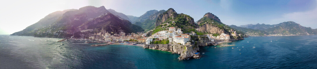 Fototapeta na wymiar Aerial view of Amalfi coastline from a moving drone, Campania - Italy.