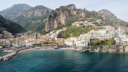 Fototapeta na wymiar Aerial view of Amalfi coastline from a moving drone, Campania - Italy.