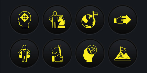 Set Head hunting, Hand with pointing finger, holding flag, Planet, Chess, Mountains and icon. Vector