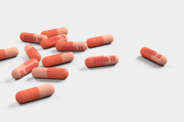 3d render concept  Medication of antiviral capsule for treatment and prevention of new corona virus infection with white background  of with copy space .