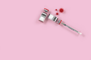 3d rendering Coronavirus Vaccine concept with syringe and bottles on pink Background of vial with copy space .