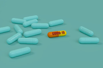 3d render concept  Medication of antiviral capsule for treatment and prevention of new corona virus infection with green background  of with copy space .