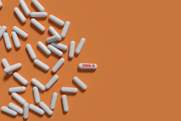 3d render concept  Medication of antiviral capsule for treatment and prevention of new corona virus infection with orange background  of with copy space .