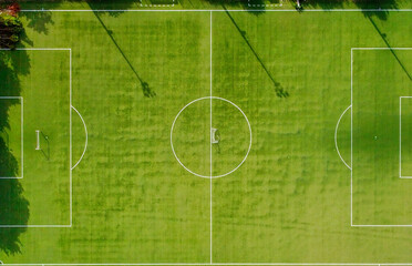 Overhead downward aerial view of an empty soccer field.