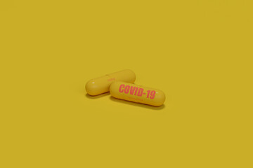 3d render concept  Medication of antiviral capsule for treatment and prevention of new corona virus infection with yellow background of with copy space .
