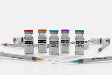 3d rendering Coronavirus Vaccine concept with syringe and bottles on White Background of vial with copy space .