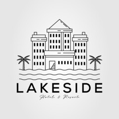 lakeside hotel and resort line art logo vector illustration design