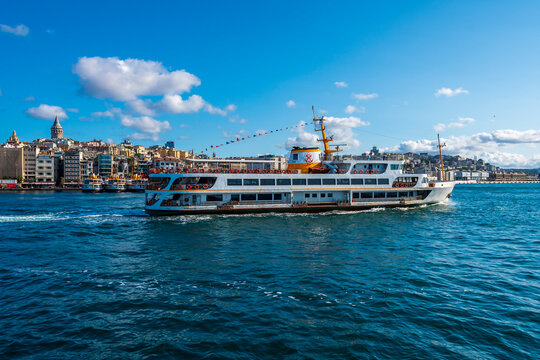 Ferry sails in Bosphorus in Istanbul. Nearly 150,000 passengers use ferries daily in Istanbul, due to easy access to two different continents.