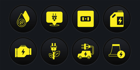 Set Check engine, Eco fuel canister, Electric saving plug leaf, car, Electrical outlet, Nuclear power plant and Water energy icon. Vector