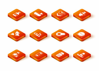 Set Tequila bottle with lemon, Burrito, Nachos, Cigar, Salt, Avocado fruit, Mexican sombrero and Hola icon. Vector © vector_v