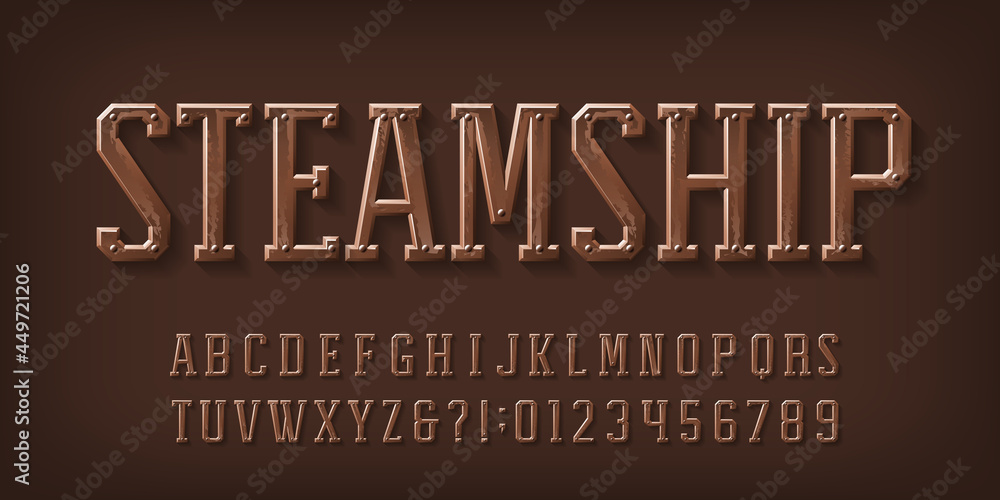 Fototapete steamship alphabet font. rivet letters and numbers and symbols. stock vector typescript for your des