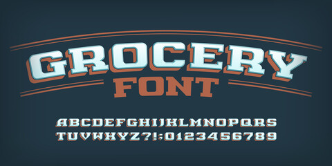 Grocery alphabet font. Vintage 3d letters, numbers and symbols for label, badge or emblem design. Uppercase and lowercase. Stock vector typescript for your typography design.