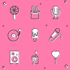 Set Lollipop, Magician hat and rabbit ears, Microphone, Vinyl player with disk, Ice cream, Stereo speaker and Champagne bottle icon. Vector