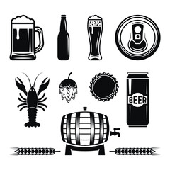 Set beer brewery monochrome design elements isolated white 