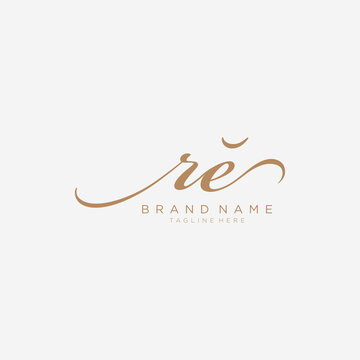 Letter R and E, RE gold Initial handwriting design logo template.