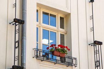 Window with a Sky Reflection and flowerpot outside in a european town