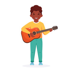 Little black boy with guitar. Boy playing guitar. Child playing musical instrument. Vector illustration
