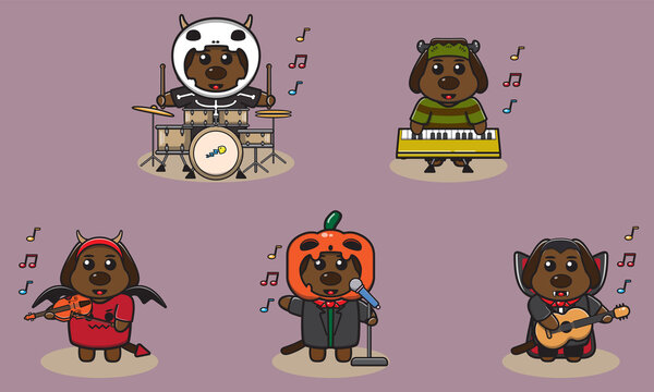 Vector illustration of Dog Halloween. Dog with costume play a musical instrument.