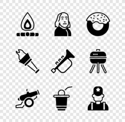 Set Campfire, Benjamin Franklin, Donut, Cannon, Beer pong game, Sheriff cowboy, Torch flame and Trumpet icon. Vector