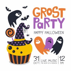 Happy Halloween card. Template with handwritten inscription "Grost Party".Printing on fabric, paper, postcards, invitations.
