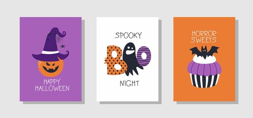 A set of invitations to a Halloween party or greeting cards with handwritten text and vector illustrations.
