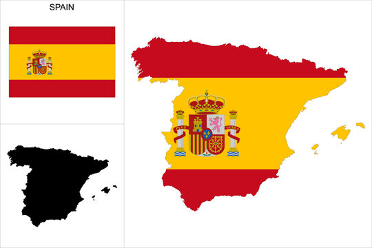 Carte d'Espagne avec fond drapeau espagnol - Carte sous forme de motif noir et drapeau espagnol disponibles s&eacute;par&eacute;ment