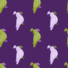 Animal seamless pattern with green and lilac parrot silhouettes. Purple background. Hand drawn style.