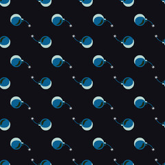 Dark seamless weapon pattern with blue abstract bombs shapes. Black background. Cartoon style.