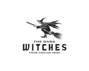 Halloween Logo or Label Template. Hand Drawn Old Witch Flying on the Broom Sketch Symbol and Retro Typography. Isolated