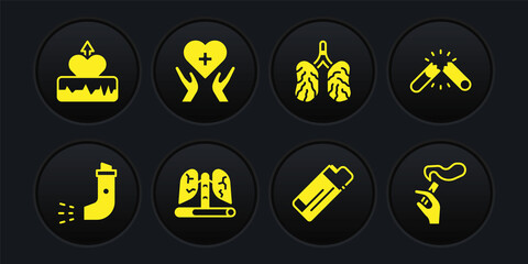 Set Inhaler, Broken cigarette, Disease lungs, Lighter, Heart with cross, Hand smoking and Heartbeat increase icon. Vector