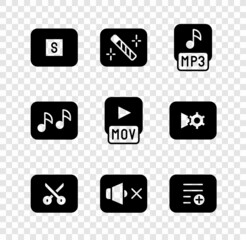 Set Stop media button, Photo retouching, MP3 file, Music or video editing, Speaker mute, Add playlist, note, tone and MOV icon. Vector