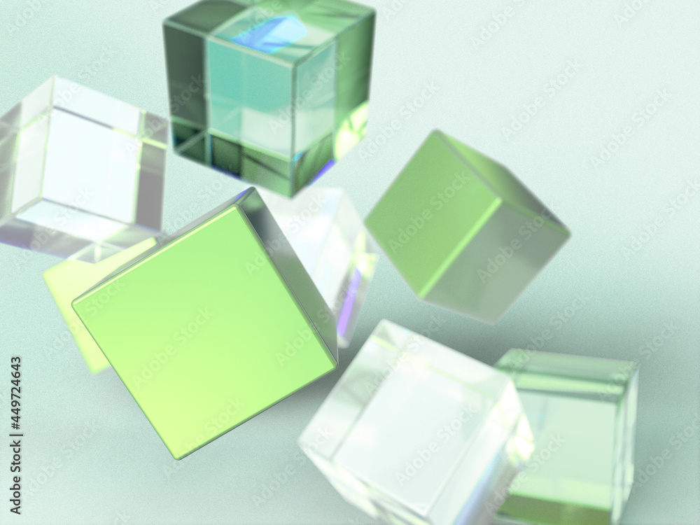Poster 3D rendered block shapes on a light green background floating in dynamic sizes. Illustration of structured data, information transfer, or virtual exchange. Visualization of network movement. 