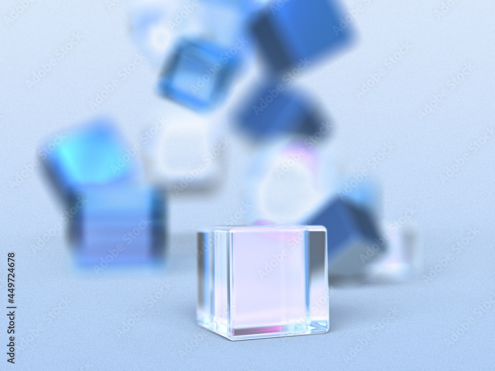 Poster 3D rendered block shapes on a light blue background floating in dynamic sizes. Illustration of structured data, information transfer, or virtual exchange. Visualization of network movement.