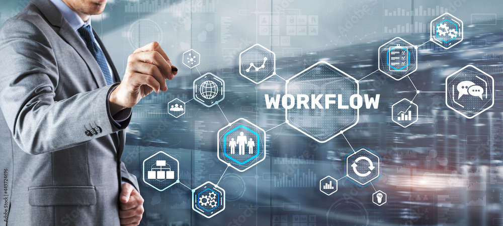 Poster workflow repeatability systematization buisness process. business technology internet