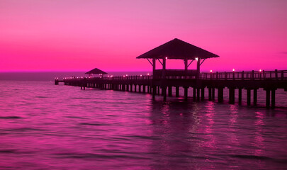 Pop art style silhouette of wooden pavilion on the pier at sunset in vivid purple pink tone
