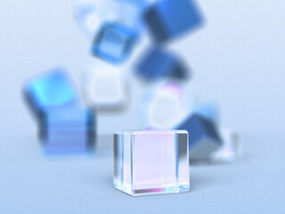 3D rendered block shapes on a light blue background floating in dynamic sizes. Illustration of structured data, information transfer, or virtual exchange. Visualization of network movement.