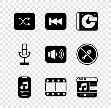 Set Arrow shuffle, Rewind button, Vinyl player with vinyl disk, Music, Play video, Microphone and Speaker volume icon. Vector