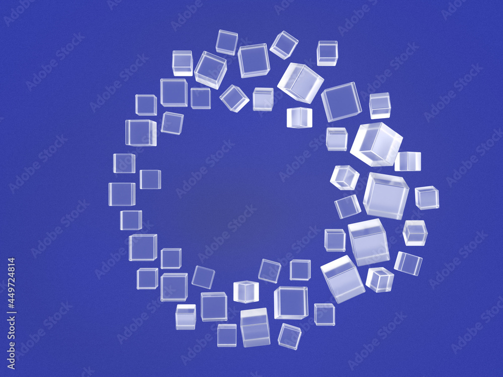 Poster 3d rendered block and sphere shapes on light blue background floating on a circle. illustration of s