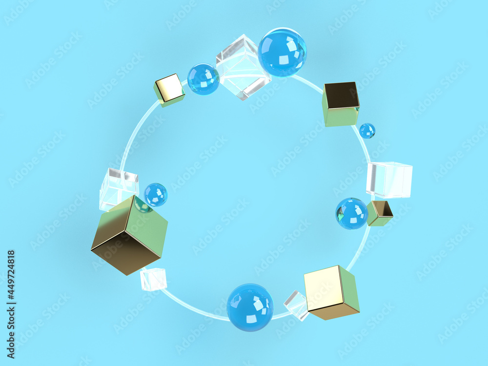 Poster 3D rendered block and sphere shapes on light blue background floating on a circle. Illustration of structured data, circular processes, or conceptual visualization.
