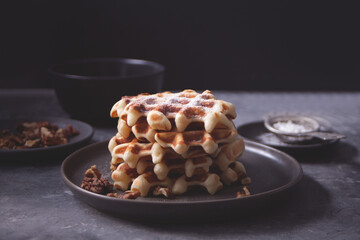 Homemade chocolate waffles on the wooden table.