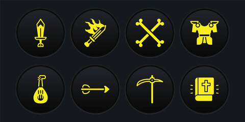 Set Lute, Body armor, Arrow, Pickaxe, Crossed human bones, Sword for game, Holy bible book and icon. Vector